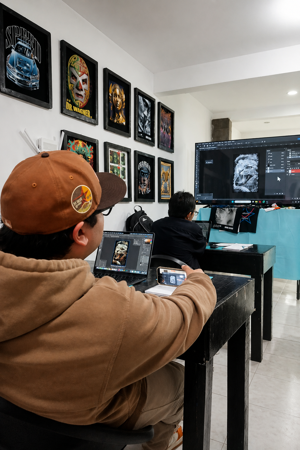 alumnos aprendiendo con monitor mostrando clase de diseño